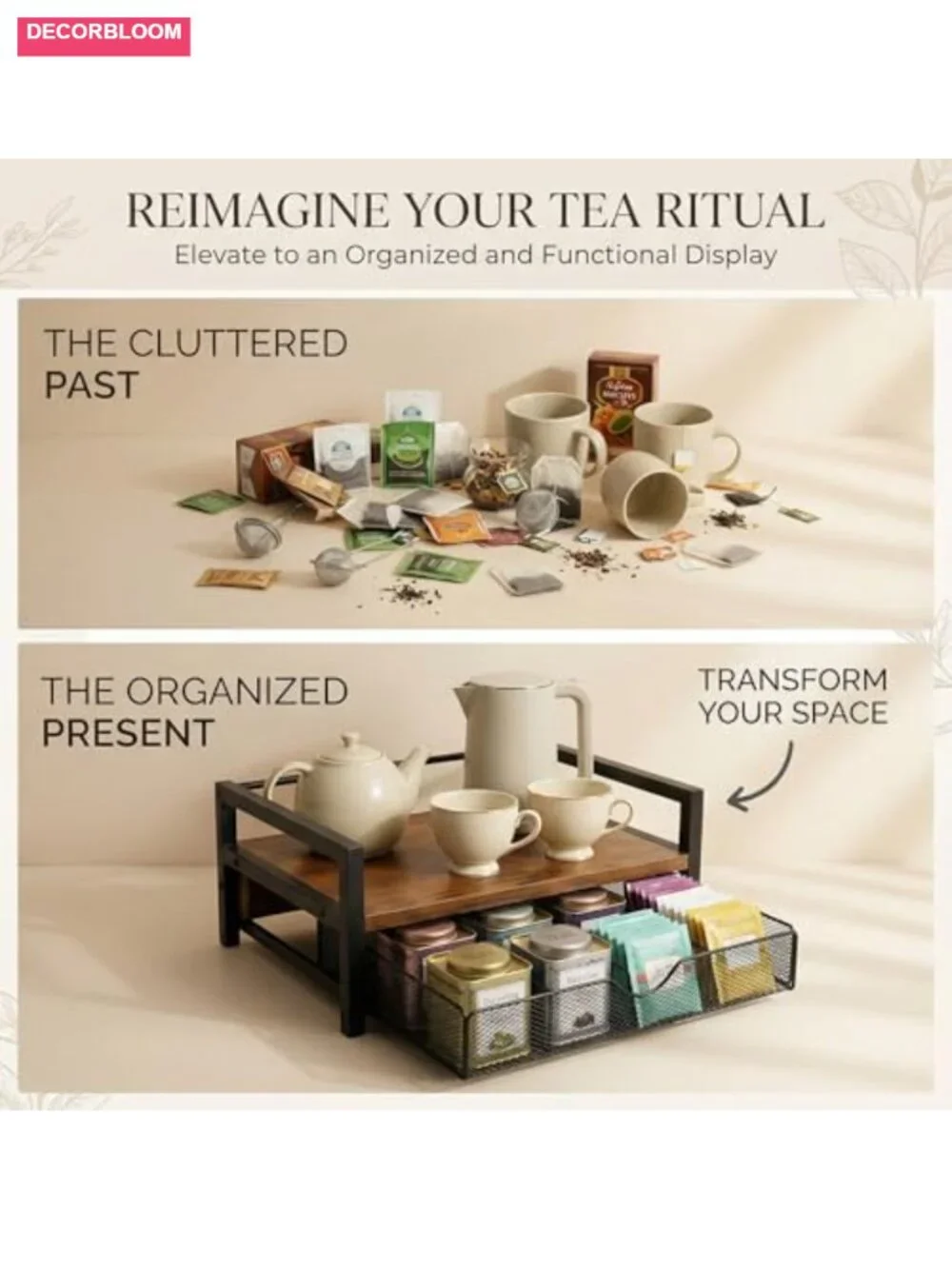 Rustic Wood Tea Bag Organizer & Storage Chest with Drawer, 8 Compartments